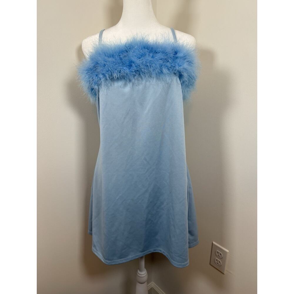 Sugar Thrillz Dolls Kill FLIRTY N' THRIVING MARABOU DRESS - LIGHT BLUE Size XL